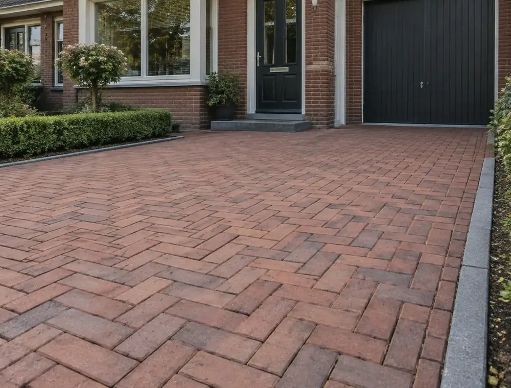 Nieuw gelegde oprit van rood-bruine klinkers in visgraatverband