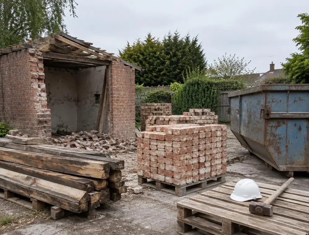 Oude bakstenen schuur wordt gesloopt, met gestapelde stenen en een container
