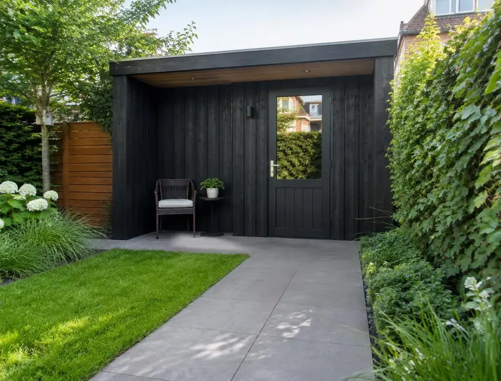 Zwart gebeitst houten tuinhuis met luifel achter in een verzorgde tuin